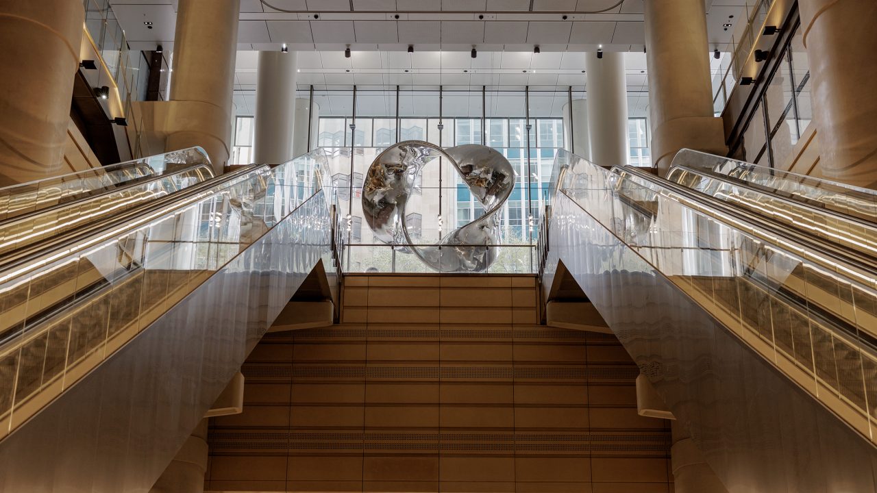 View of the artwork Continuum, from the bottom of 1 Elizabeth's escalators below